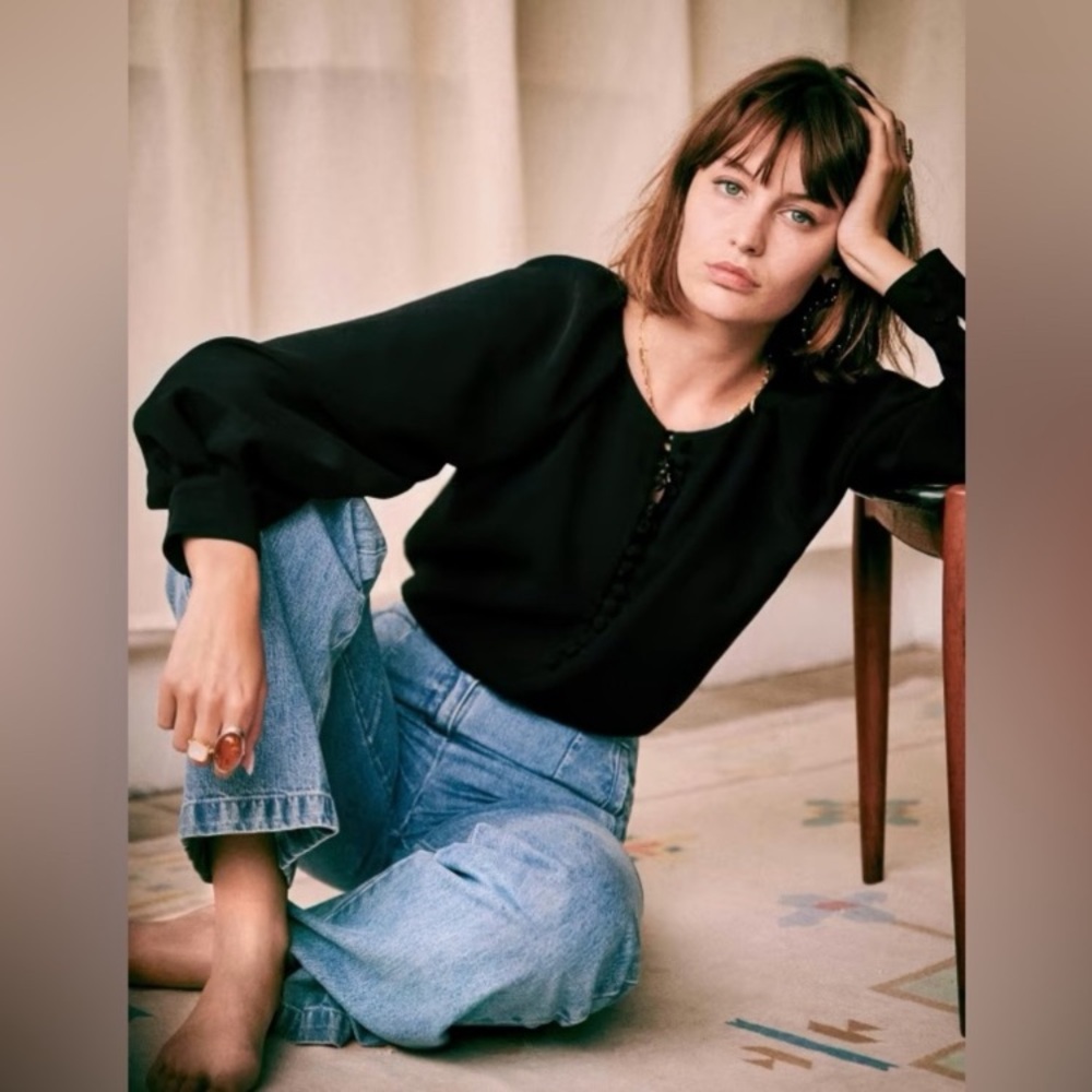 Sezane Black Puff-Sleeve Blouse